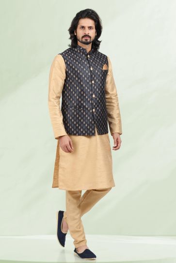 Pleasance Navy Blue Color Banarasi Silk Fabric Sangeet Wear 3 Piece Jacket Set