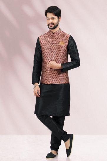 Banarasi Silk Fabric Sangeet Wear Maroon Color Winsome 3 Piece Jacket Set