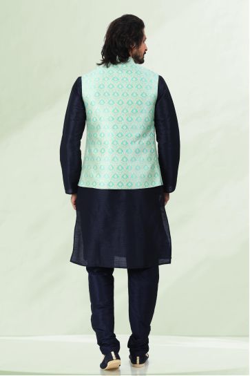 Stylish Sangeet Wear Sea Green Color Banarasi Silk Fabric 3 Piece Jacket Set