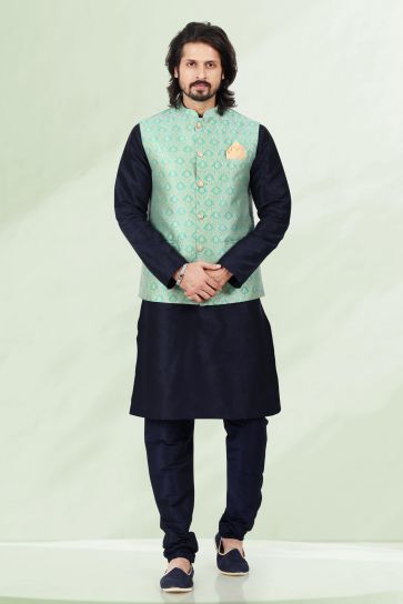 Stylish Sangeet Wear Sea Green Color Banarasi Silk Fabric 3 Piece Jacket Set