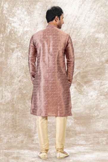 Jacquard Silk Fabric Function Wear Readymade Pink Color Kurta Pyjama For Men