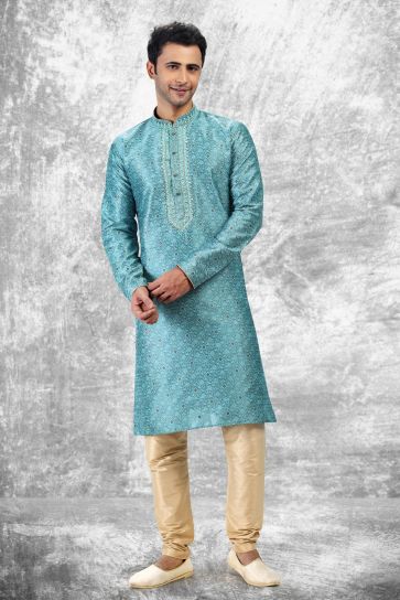 Festive Wear Readymade Kurta Pyjama For Men In Cyan Color Jacquard Silk Fabric