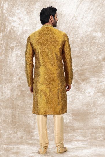 Sangeet Wear Readymade Kurta Pyjama For Men In Jacquard Silk Fabric Golden Color