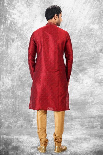 Maroon Color Jacquard Silk Fabric Function Wear Fancy Readymade Kurta Pyjama For Men