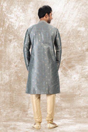 Jacquard Silk Fabric Grey Color Festive Wear Trendy Readymade Men Kurta Pyjama