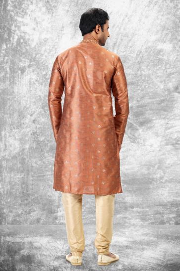Rust Color Sangeet Wear Jacquard Silk Fabric Designer Readymade Kurta Pyjama For Men