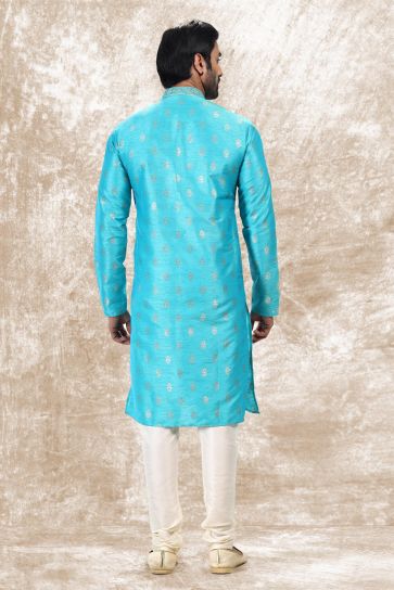Appealing Cyan Color Jacquard Silk Fabric Function Wear Kurta Pyjama For Men