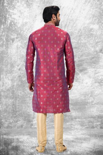 Rani Color Engaging Jacquard Silk Fabric Festive Wear Kurta Pyjama For Men