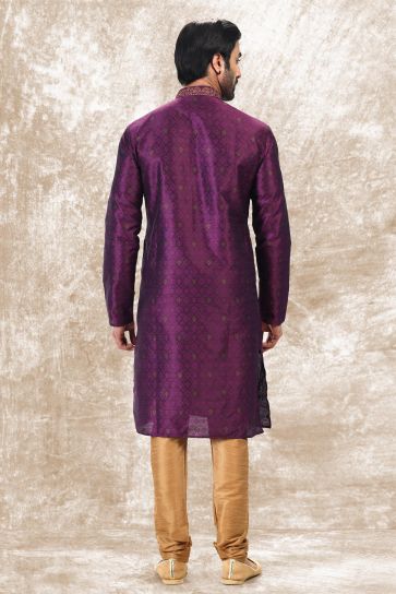 Magenta Color Gorgeous Jacquard Silk Fabric Wedding Wear Kurta Pyjama For Men