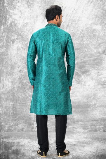 Cyan Color Jacquard Silk Fabric Reception Wear Striking Kurta Pyjama For Men