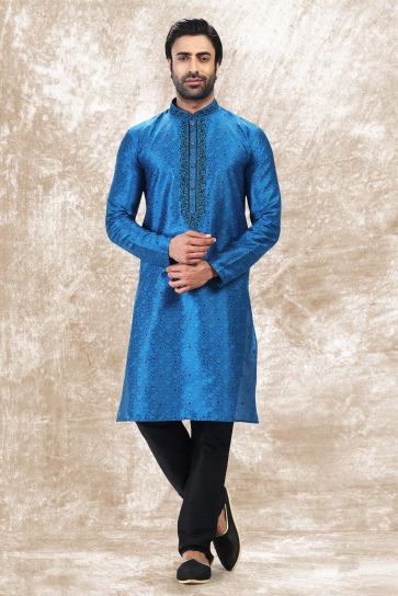 Blue Color Stunning Jacquard Silk Fabric Function Wear Kurta Pyjama For Men
