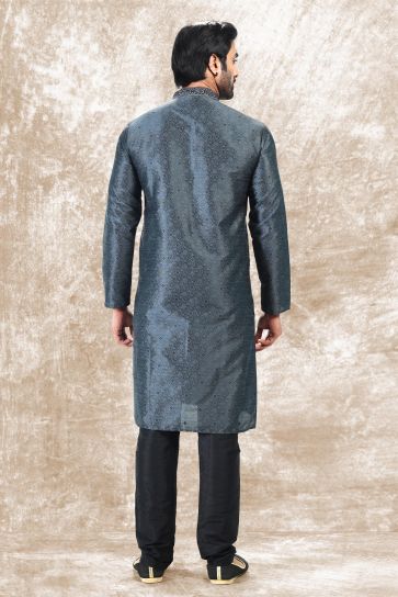Grey Color Sangeet Wear Pretty Kurta Pyjama For Men In Jacquard Silk Fabric