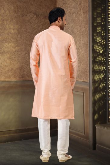 Appealing Peach Color Banarasi Silk Fabric Sangeet Wear Readymade Kurta Pyjama For Man