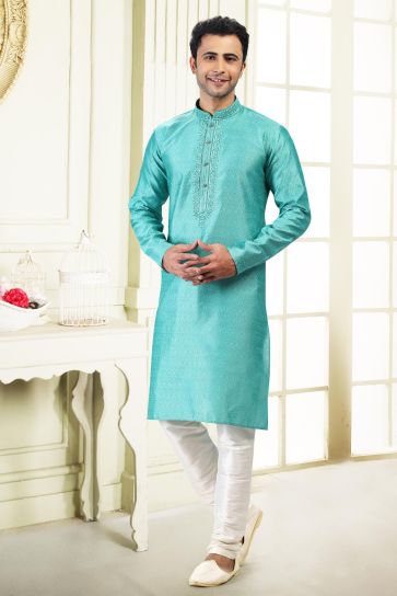 Engaging Cyan Color Banarasi Silk Fabric Sangeet Wear Readymade Kurta Pyjama For Man