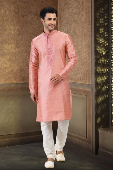 Captivating Banarasi Silk Fabric Pink Color Sangeet Wear Readymade Kurta Pyjama For Man