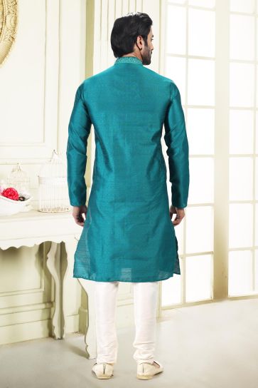 Fetching Banarasi Silk Fabric Sangeet Wear Readymade Kurta Pyjama For Man In Teal Color
