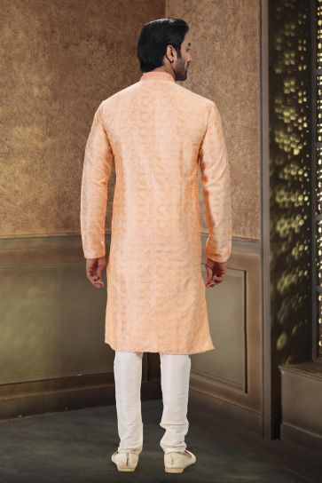 Stunning Peach Color Sangeet Wear Readymade Kurta Pyjama For Man In Banarasi Silk Fabric