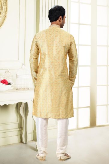 Striking Yellow Color Banarasi Silk Fabric Sangeet Wear Readymade Kurta Pyjama For Man