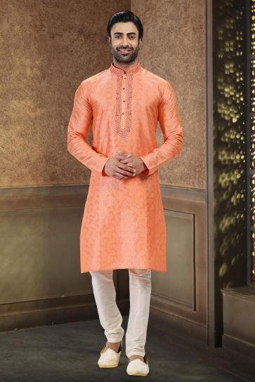 Fantastic Peach Color Banarasi Silk Fabric Sangeet Wear Readymade Kurta Pyjama For Man