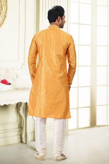 Dusky Orange Color Banarasi Silk Fabric Sangeet Wear Readymade Kurta Pyjama For Man