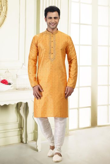 Dusky Orange Color Banarasi Silk Fabric Sangeet Wear Readymade Kurta Pyjama For Man