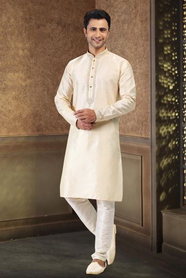 Blissful Cream Color Banarasi Silk Fabric Sangeet Wear Readymade Kurta Pyjama For Man