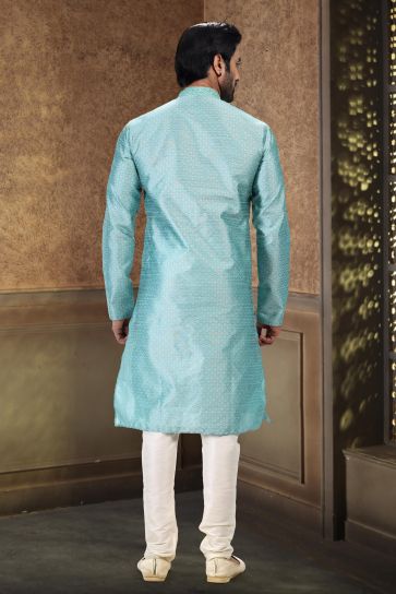 Attractive Cyan Color Sangeet Wear Readymade Kurta Pyjama For Man In Banarasi Silk Fabric