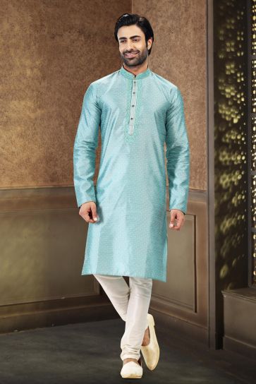 Attractive Cyan Color Sangeet Wear Readymade Kurta Pyjama For Man In Banarasi Silk Fabric