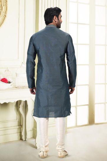 Enriching Grey Color Banarasi Silk Fabric Sangeet Wear Readymade Kurta Pyjama For Man
