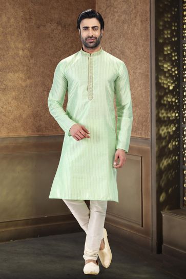 Splendiferous Sea Green Color Art Silk Fabric Sangeet Wear Readymade Kurta Pyjama For Man