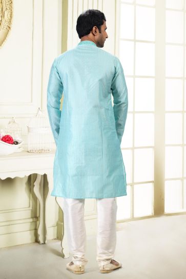 Majestic Cyan Color Art Silk Fabric Sangeet Wear Readymade Kurta Pyjama For Man
