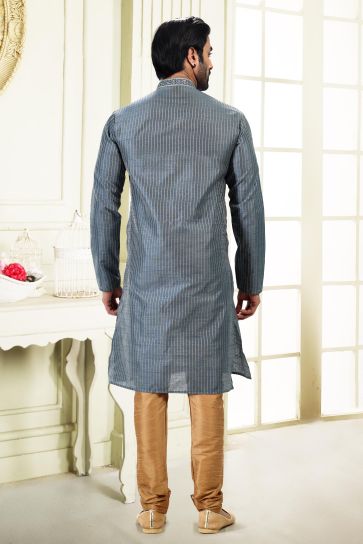 Fascinate Art Silk Fabric Sangeet Wear Readymade Kurta Pyjama For Man In Grey Color