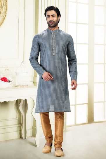 Fascinate Art Silk Fabric Sangeet Wear Readymade Kurta Pyjama For Man In Grey Color