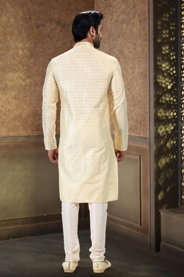 Remarkable Beige Color Art Silk Fabric Sangeet Wear Readymade Kurta Pyjama For Man
