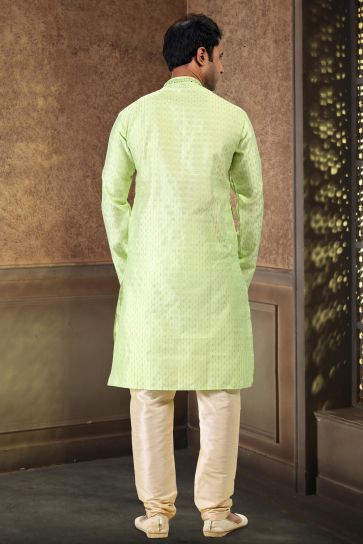 Sober Art Silk Fabric Sangeet Wear Readymade Kurta Pyjama For Man In Sea Green Color