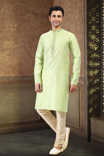 Sober Art Silk Fabric Sangeet Wear Readymade Kurta Pyjama For Man In Sea Green Color