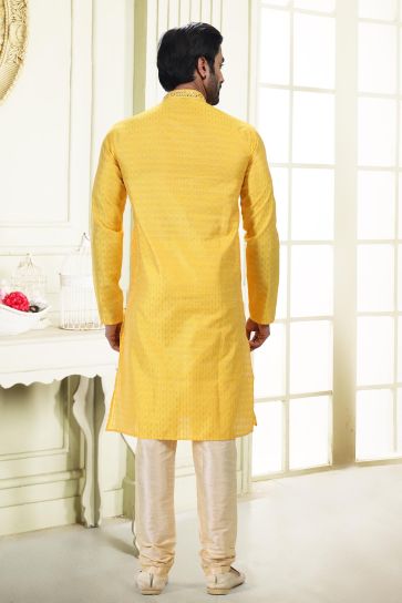Graceful Yellow Color Art Silk Fabric Sangeet Wear Readymade Kurta Pyjama For Man