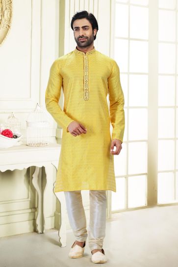 Graceful Yellow Color Art Silk Fabric Sangeet Wear Readymade Kurta Pyjama For Man