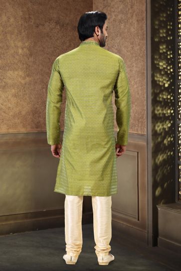 Green Color Art Silk Fabric Magnificent Sangeet Wear Readymade Kurta Pyjama For Man
