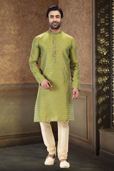 Green Color Art Silk Fabric Magnificent Sangeet Wear Readymade Kurta Pyjama For Man