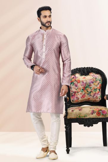 Pink Color Elegant Jacquard Banarasi Silk kurta Pyjama Set