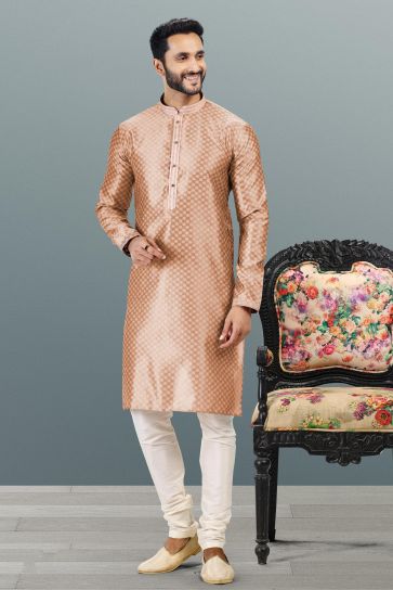 Stunning Jacquard Banarasi Silk kurta Pyjama Set in Peach Color