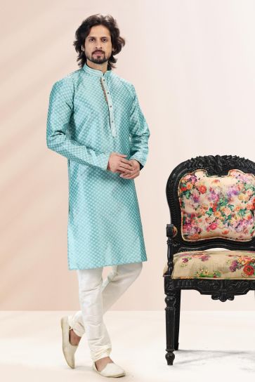 Cyan Color Jacquard Banarasi Silk kurta Pyjama Set for Festival