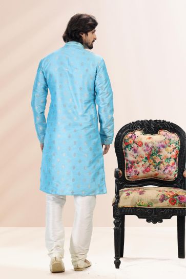 Cyan Color Jacquard Banarasi Silk Fabric Readymade Kurta Pyjama Set For Men