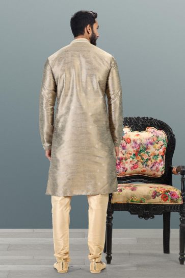 Festive Wear Dark Beige Color kurta Pyjama in Jacquard Banarasi Silk Fabric
