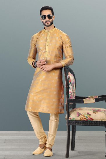 Jacquard Banarasi Silk Golden Color Festive Kurta Pyjama For Men