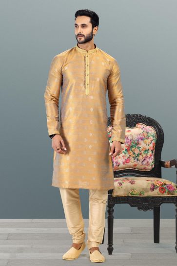Jacquard Banarasi Silk Golden Color Festive Kurta Pyjama For Men