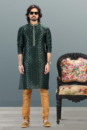 Dark Green Color Jacquard Banarasi Silk Kurta Pyjama For Festive Events