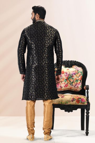 Black Color Jacquard Banarasi Silk Solid Men Kurta Pyjama For Festive Events