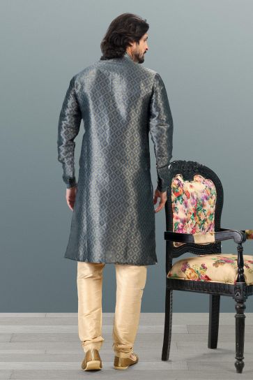 Festive Special Grey Color Jacquard Banarasi Silk Kurta Pyjama